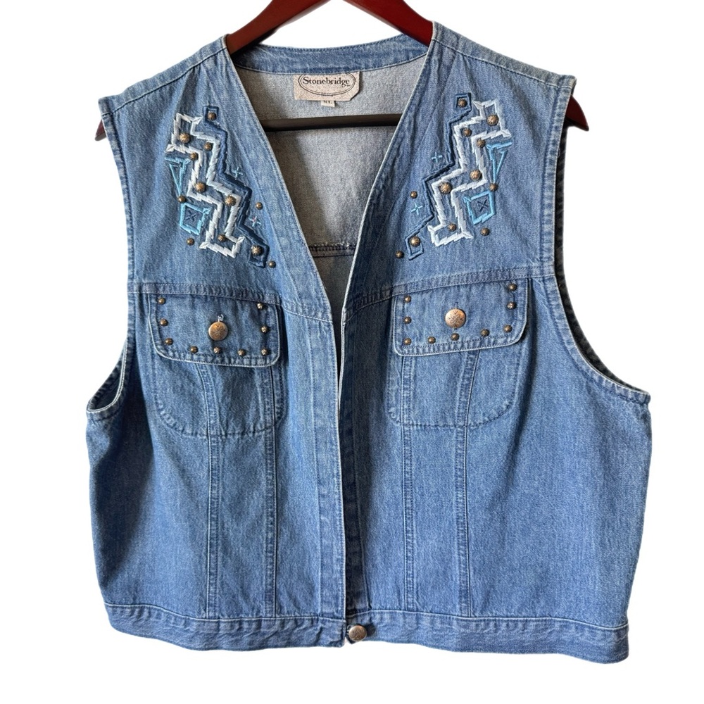 STONEBRIDGE Vest Denim Studded Embroidered Western Cowgirl Vintage Sz XL